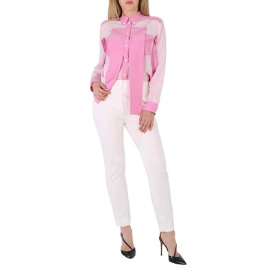 Pre-owned Burberry Ladies Beckierl Pale Candy Pink Panelled Silk Crepe-de-chine Shirt,