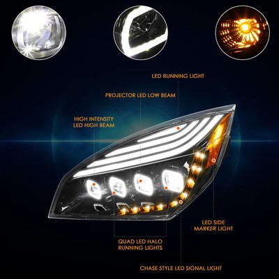 For 18-24 Freightliner Cascadia Quad Square Halo LED DRL Projector Headlights