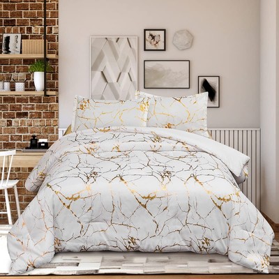 Holawakaka Gold Metallic Marble Comforter Set Full/Queen Size Foil Print Glitter
