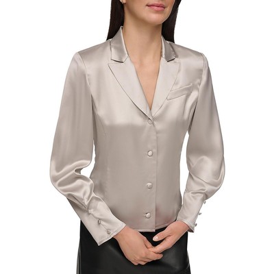 DKNY Womens Gray Satin Tuxedo Shirt Blouse Top L BHFO 6385