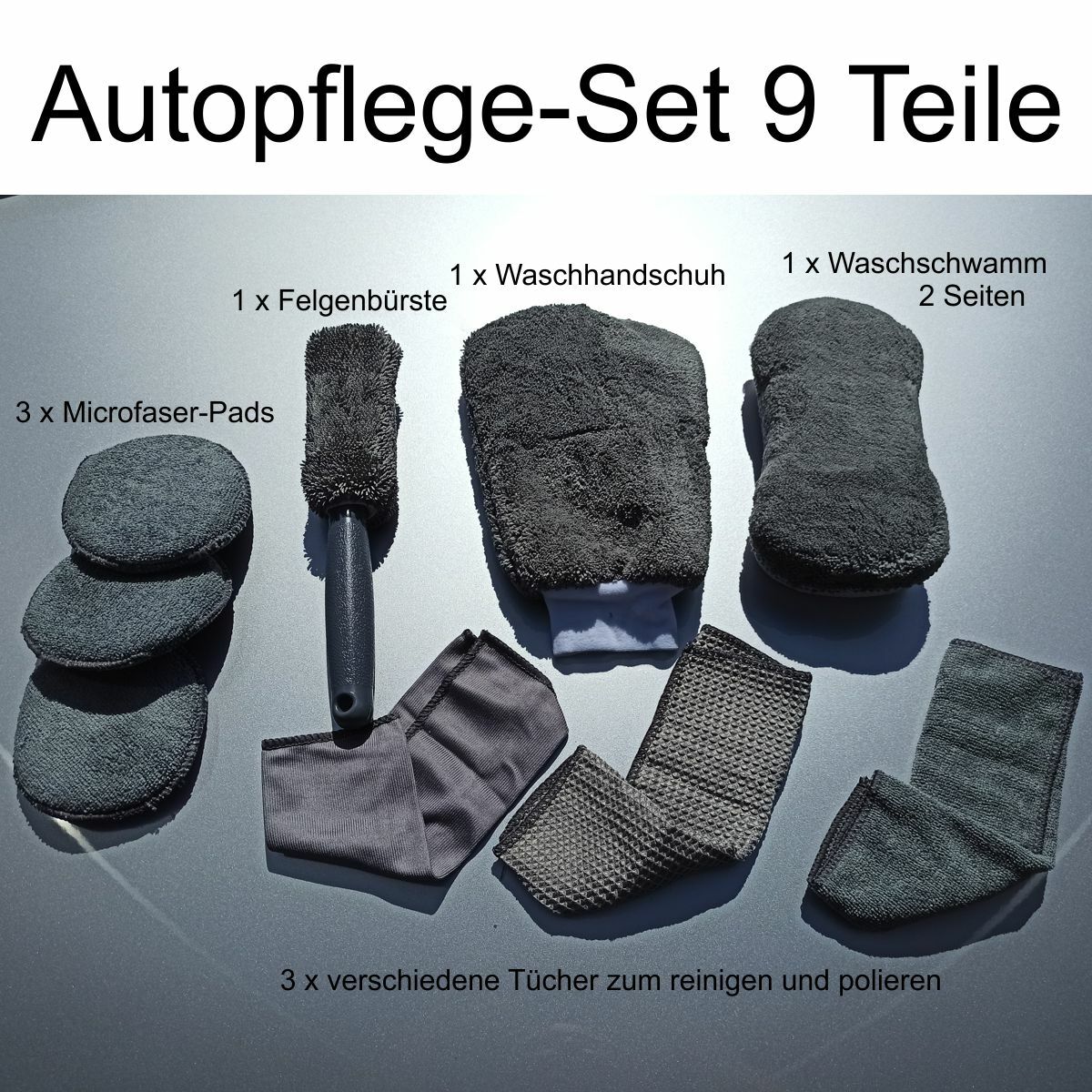 Autopflege Set 9 Teile Microfaser Pad Felgenbürste Waschhandschuh Schwamm Tücher