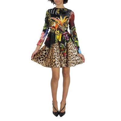 Roberto Cavalli Ladies Paradise Found Print Peplum Satin Dress