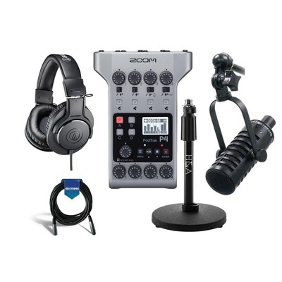 Рекордер подкастов Zoom PodTrak P4 — в комплекте со студийным микрофоном, наушниками и кабелем