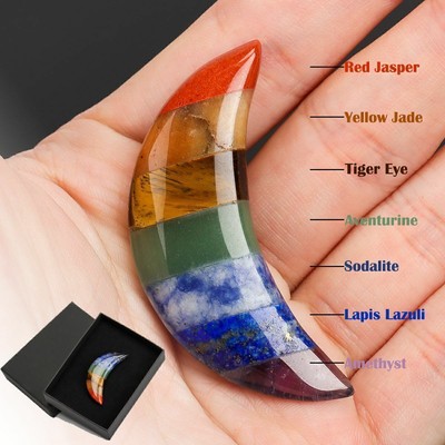 7 Chakras Moon Shaped Healing Stone Reiki Crystal Gemstone Polished Worry Stone