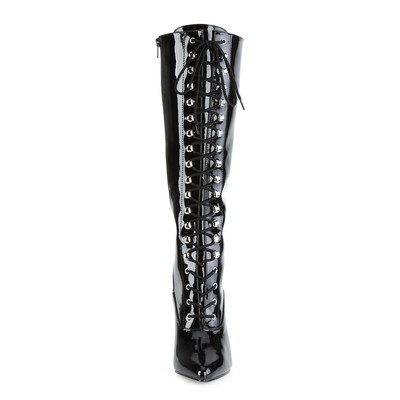 PLEASER VANITY-2020 KNIEHOHE PLEASER HIGH-HEELS STIEFEL MIT SCHNÜRUNG VORN SCHWARZ LACK