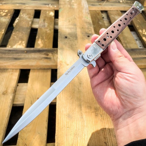 13" Classic Extra Large Brown Wood Spring Assisted Open STILETTO Pocket Knife