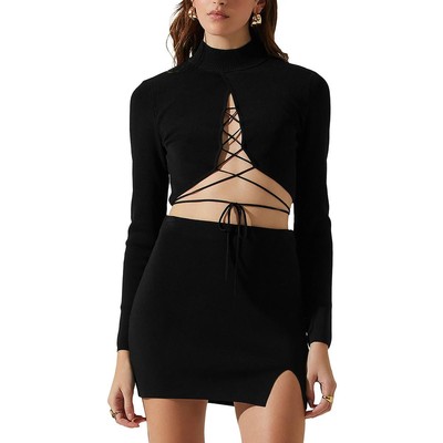ASTR the Label Womens Black Strappy Cut Out Mock Turtleneck Sweater L BHFO 9692