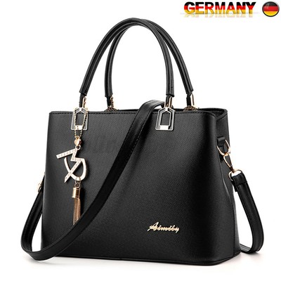 Schwarz Damen Tasche PU Leder Handtasche Umhängetasche Schultertasche Shopper DE