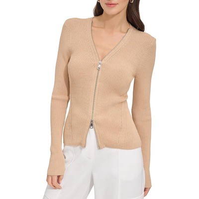 DKNY Womens Tan Ribbed Knit Zipper Long Sleeve Pullover Top Sweater L BHFO 7573