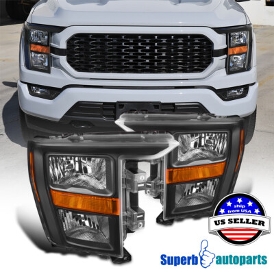 For 2021-2023 Ford F150 Black Halogen Headlights Headlamp Left+Right Pair
