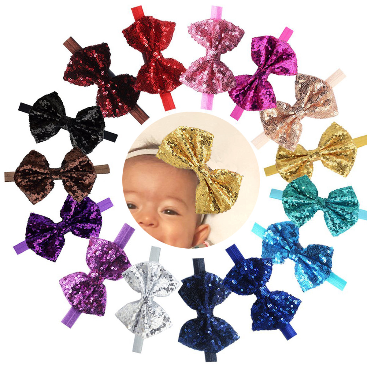 15pcs Baby Headbands Sparkly Glitter 4 Big Hair Bows Baby Girl