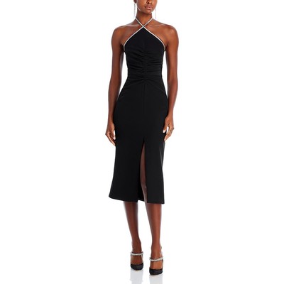 Pre-owned Halston Heritage Halston Womens Piper Embellished Midi Halter Cocktail And Party Dress Bhfo 4919 In Black