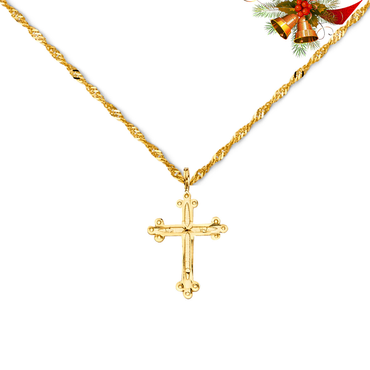 Pre-owned Tgdj 14k Yellow Gold Cross Religious Pendant Charm Singapore Necklace Chain Set In 18"