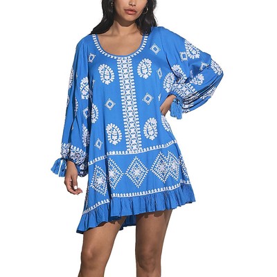Elan Womens Blue Mini Scoop Neck Embroidered Shift Dress S BHFO 5431