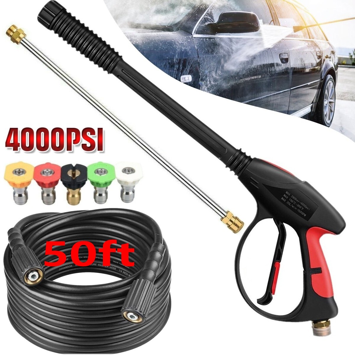 4000PSI High Pressure Power Washer Spray Gun Wand Lance Nozzle Tips Hose Kit M22