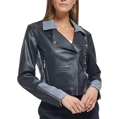 DKNY Womens Navy Faux Leather Plaid Trim Collar Leather Jacket Plus 18 BHFO 6698