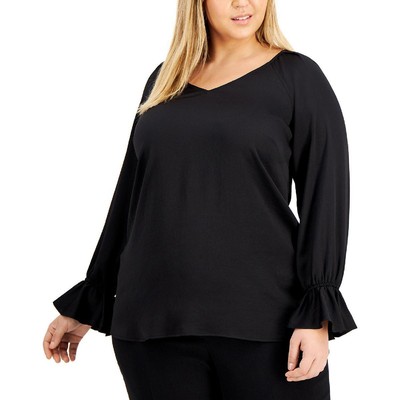 Bar III Womens Black V-Neck Long Sleeve Work Wear Blouse Top Plus 2X BHFO 3108