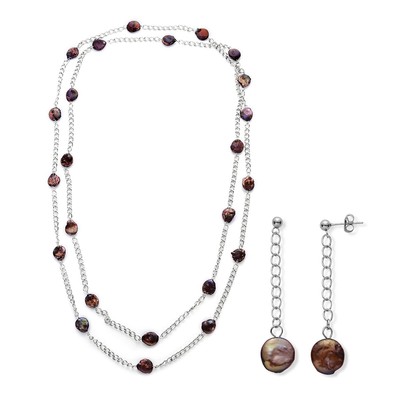 NIB $69.99 Genuine Brown Copper Coin Pearl Station Necklace /Dangle Earrings U40