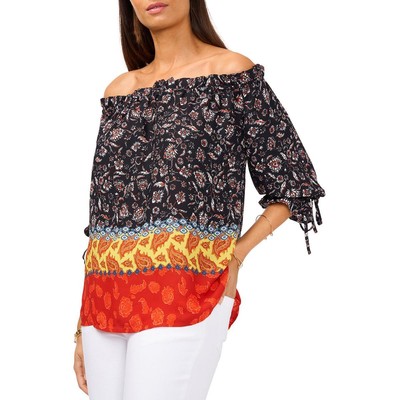 Женская черная блузка с открытыми плечами и принтом Vince Camuto XXS BHFO 5583