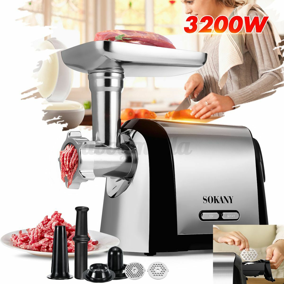 3200W  Elektrisch Fleischwolf Wurstmaschine Wurstfüller Wurstaufsatz Zerkleiner