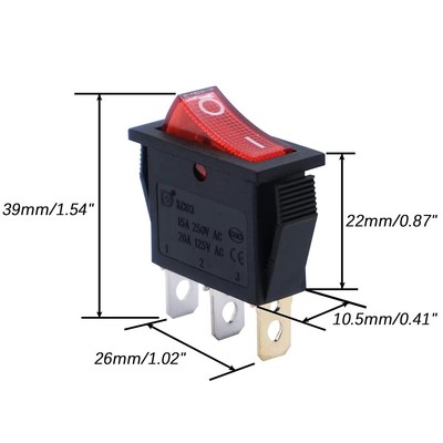 Red Skinny Rectangle Rocker Switch Thin 3-Pin LED Light 110V AC ON/OFF 15A 250V