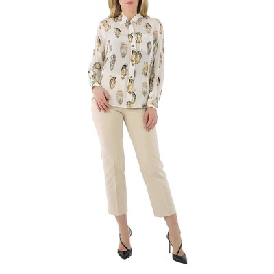 Pre-owned Burberry Ladies Oyster- Print Pearl- Embellished Shirt In White