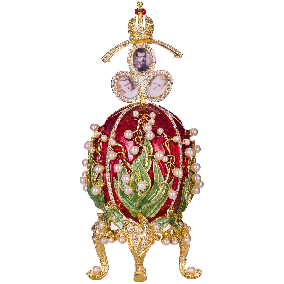 Russische Fabergé Ei mit Fotorahmen Maiglöckchen mit Kaiserkrone 19 cm rot