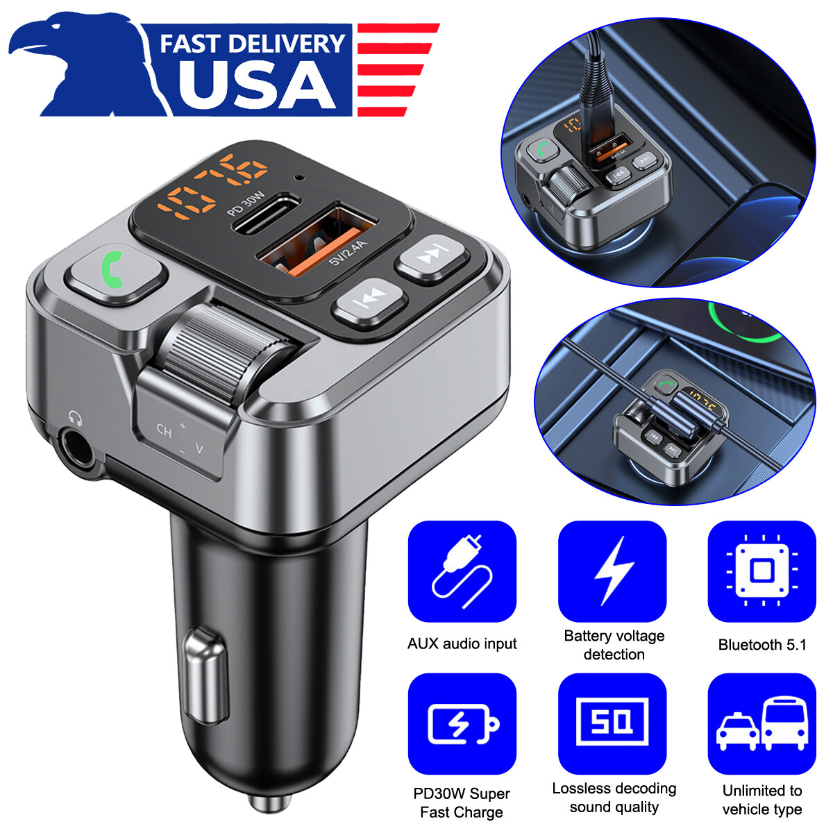 Bluetooth5.1 Car Adapter FM Transmitter USB 3.5mm audio AUX Handsfree MP3 Player