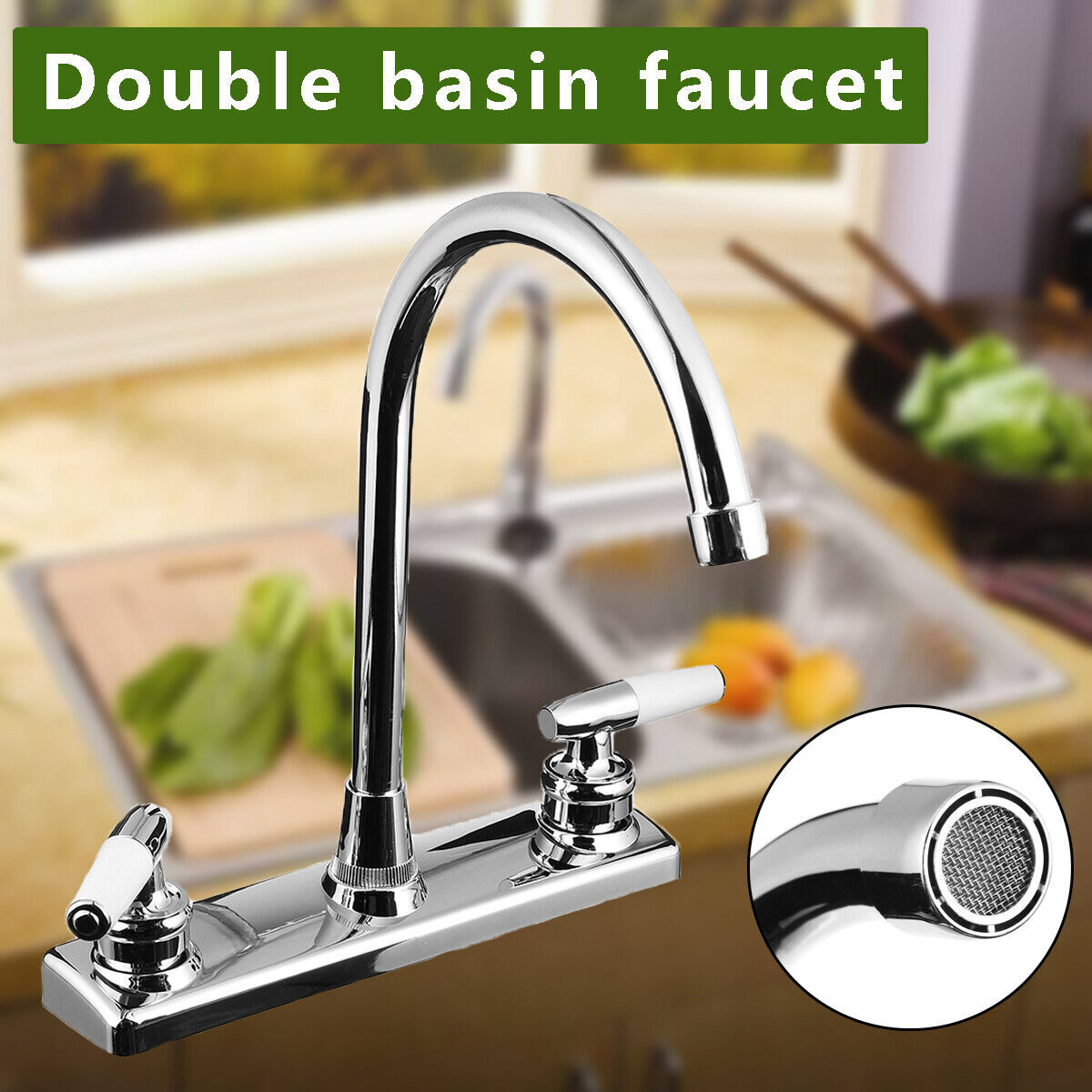Kitchen Sink Faucet Double Handles Silver Hot & Cold For RV Motor & Mobile Home