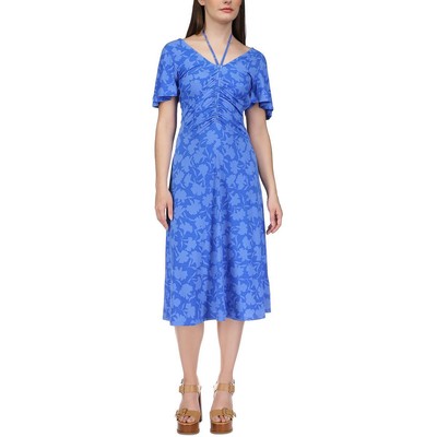 Женское приталенное длинное платье-футляр MICHAEL Michael Kors синего цвета с рюшами, M BHFO 2931