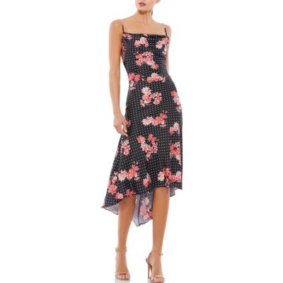 Pre-owned Mac Duggal Ieena For  Womens Floral Print Hi-low Party Midi Dress Bhfo 5123 In Black Multi