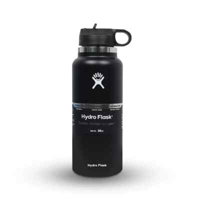 32oz BLACK Hydro Flask Water Bottle Stainless Steel Wide Mouth with Straw lid