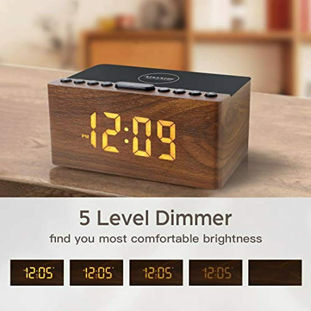 High Quality Alarm Clock Wooden Fast Wireless 10W USB Charging Port Office Bed