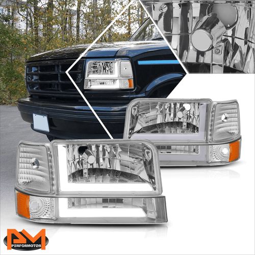 For 92-96 Ford F150-F350 6Pcs Dual L-Shape LED DRL Bumper Headlight Chrome/Amber