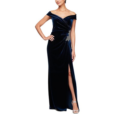 Женское темно-синее бархатное вечернее платье с открытыми плечами Alex Evenings 8 BHFO 2174