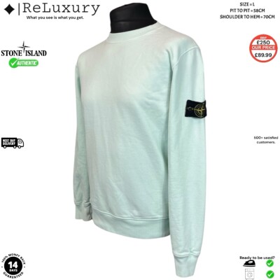 Stone Island Jumper Men's Mint Green Cotton Crewneck Long Sleeve Sweatshirt L