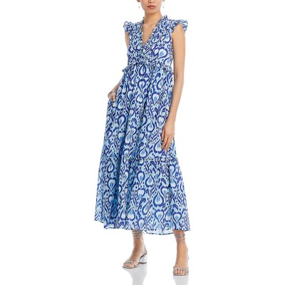 Женское голубое струящееся платье-туника с оборками на шее чайной длины Banjanan, XS BHFO 5292