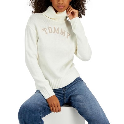 Tommy Jeans Женская рубашка с блестящим логотипом цвета слоновой кости, свитер-водолазка, топ XS BHFO 3999