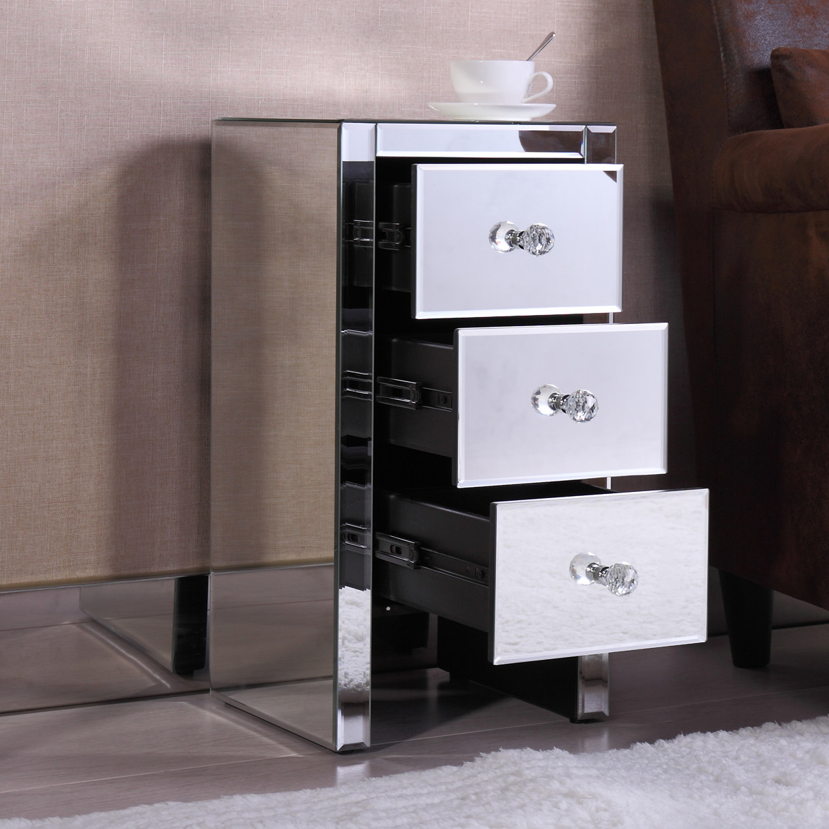 Mirrored Nightstand 3 Drawer Modern Mirror End Table