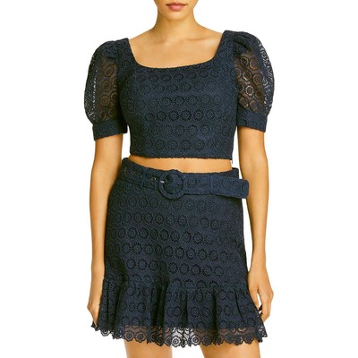 

Женская темно-синяя кружевная блуза с пышными рукавами Aqua Crop Top Shirt  BHFO 8132, Navy
