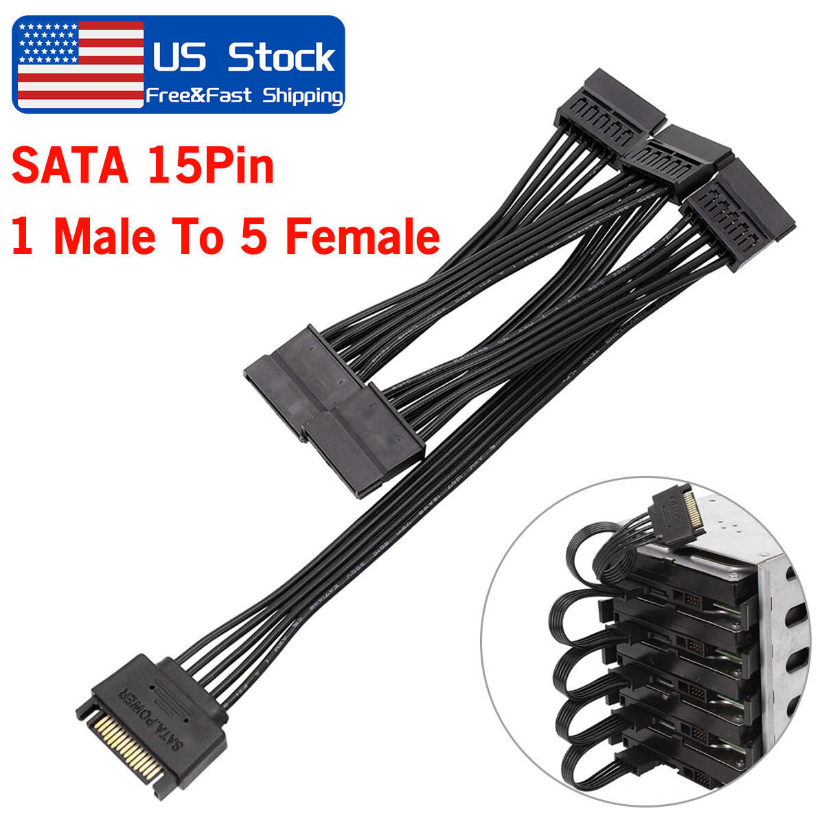 15 Pin SATA Power Extension Hard Drive Cable 1 Male to 5 Female Splitter Adapter