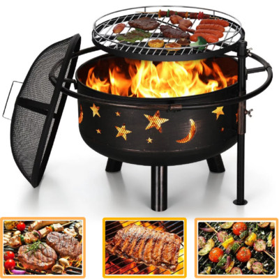 30'' Outdoor Wood Burning Firepit with Cooking Grate Moon &Star Pattern Heavy