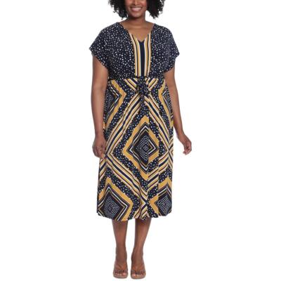 

Женское дневное платье макси из темно-синего трикотажа с принтом London Times Plus  BHFO 7166, Navy/yellow