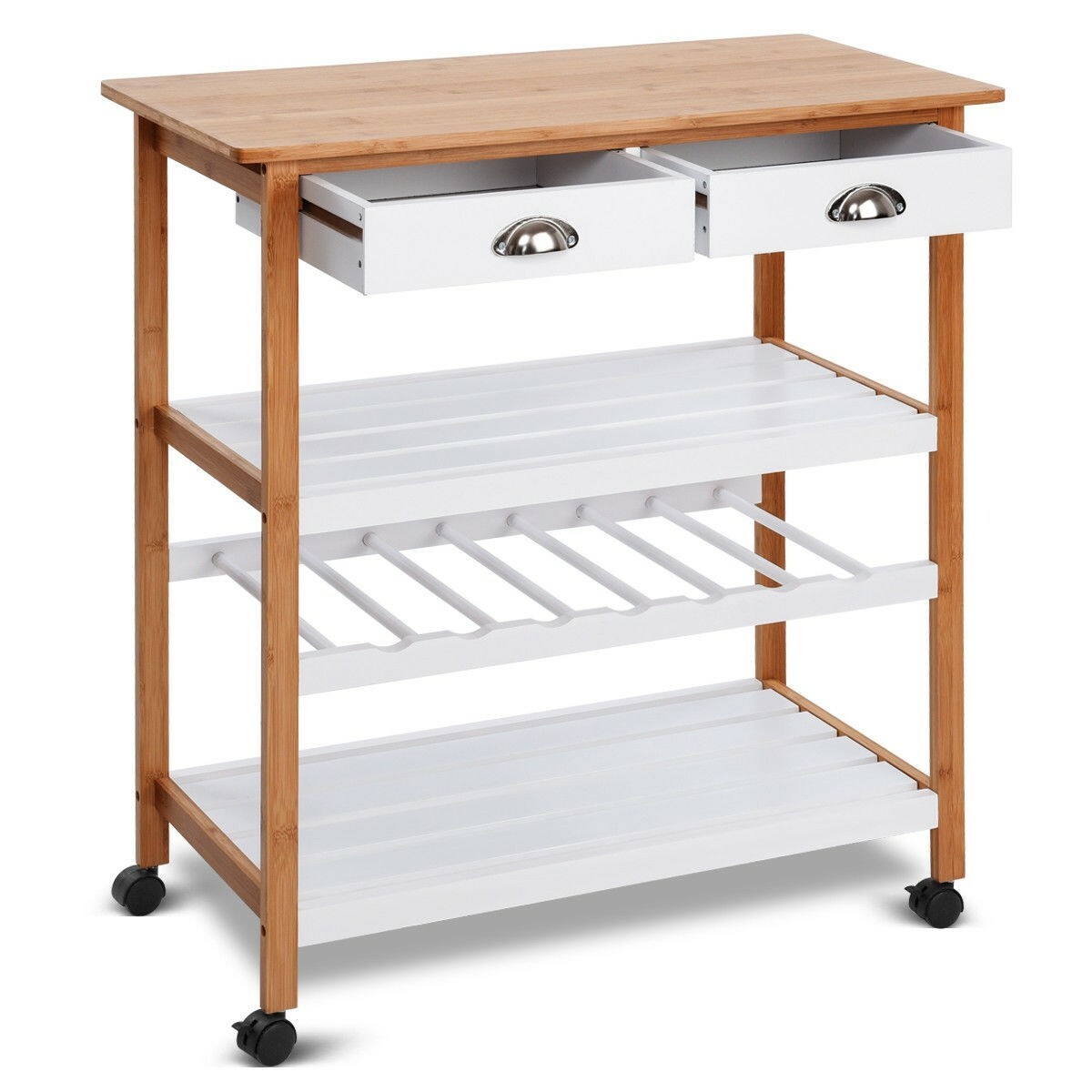 Kitchen Table Cart Wine Bottle Rack 2-Drawer Storage 2-Shelves Organizer Trolley