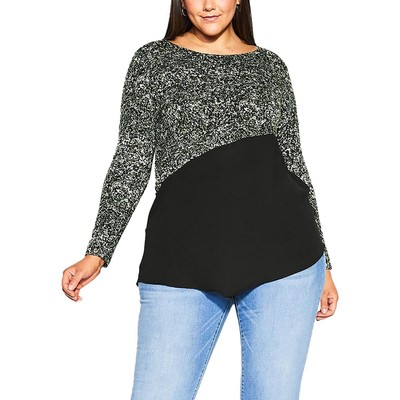 Avenue Womens Carla Black Printed Mixed Media Tunic Top Blouse Plus 16 BHFO 5202