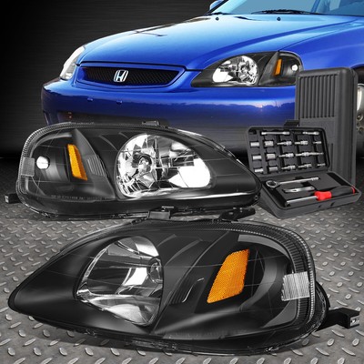 ДЛЯ 99-00 HONDA CIVIC ЧЕРНЫЙ КОРПУС ЯНТАРНЫЕ УГЛОВЫЕ ФАРЫ ГОЛОВНОГО СВЕТА + НАБОР ИНСТРУМЕНТОВ