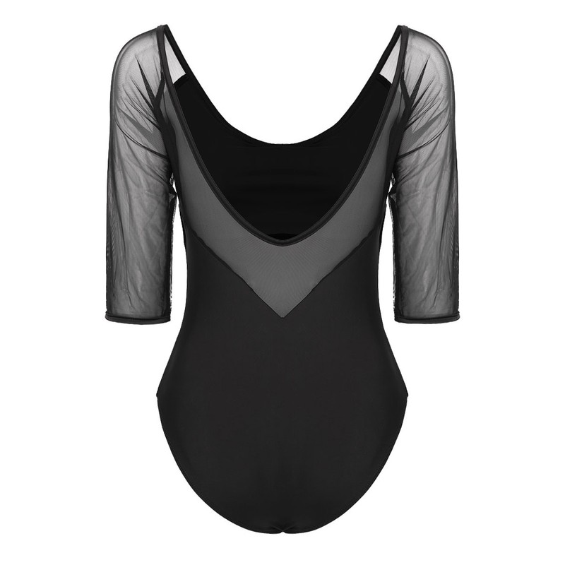 Women Mesh Half Sleeve Leotard Ballet Gymnastic Bodysuit Dancewwear