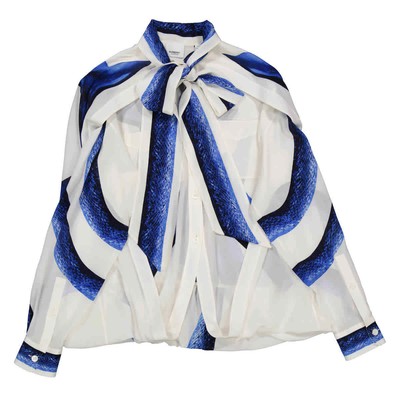 Pre-owned Burberry Ladies Mermaid Tail Print Tie-neck Cape Detail Blouse In Blue