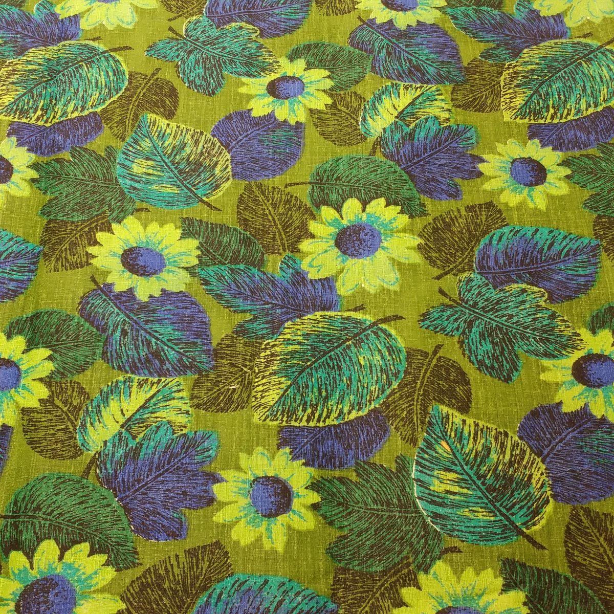 vtg barkcloth yardage 9.5+ yards floral sunflowers fall leaves blue green fabric