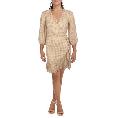 

Calvin Klein Womens Бежевое мини-платье с принтом и оборками и искусственным запахом  BHFO 4720, Sandy squares